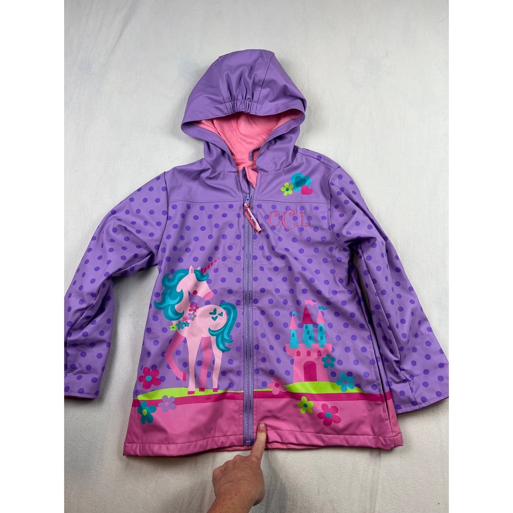 Stephen Joseph Girls Purple Polka Dot Unicorn Rain Jacket Hooded Coat Size 6X